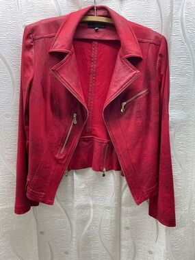 Vex Collection Moto Jacket‎ Womens 38 Red Excellent Distressed Faux Suede Biker